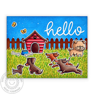Sunny Studio Puppy Dogs with Backyard Doghouse Everyday Hello Card (using Dashing Dachshund 2x3 Clear Stamps)