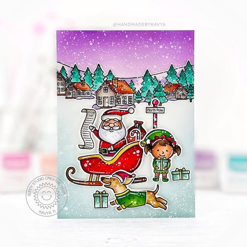 Sunny Studio Dog Running with Santa, Elf & Sleigh at North Pole Holiday Christmas Card using Dashing Dachshund Clear Stamps