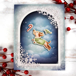 Sunny Studio Dog Leaping Through Night Sky with Snowflakes Christmas Holiday Card (using Dashing Dachshund 2x3 Clear Stamps)
