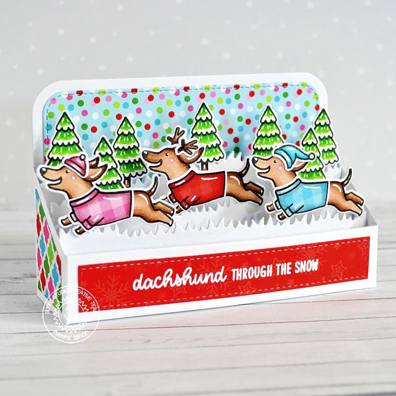 Sunny Studio Dachshund Through the Snow Pop-up Box Holiday Christmas Card (using Dashing Dachshund 2x3 Clear Stamps)
