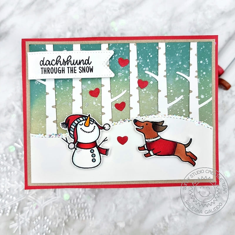 Sunny Studio Dashing Through The Snow Dog with Snowman Holiday Christmas Card (using Dashing Dachshund 2x3 Clear Stamps)