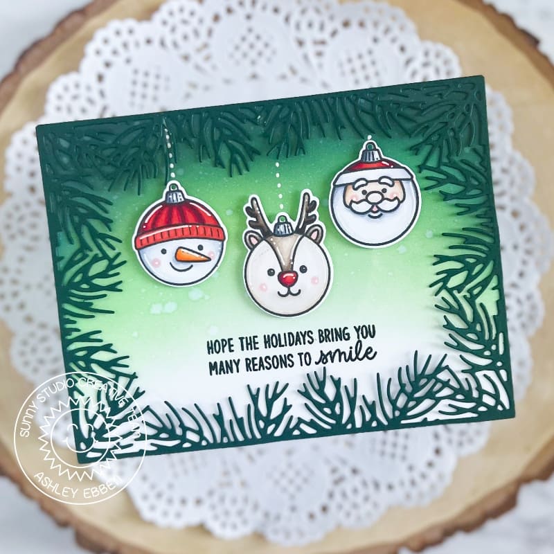 Sunny Studio Stamps Snowman, Reindeer & Santa Claus Holiday Ornament Christmas Card (using Christmas Garland Frame Die)