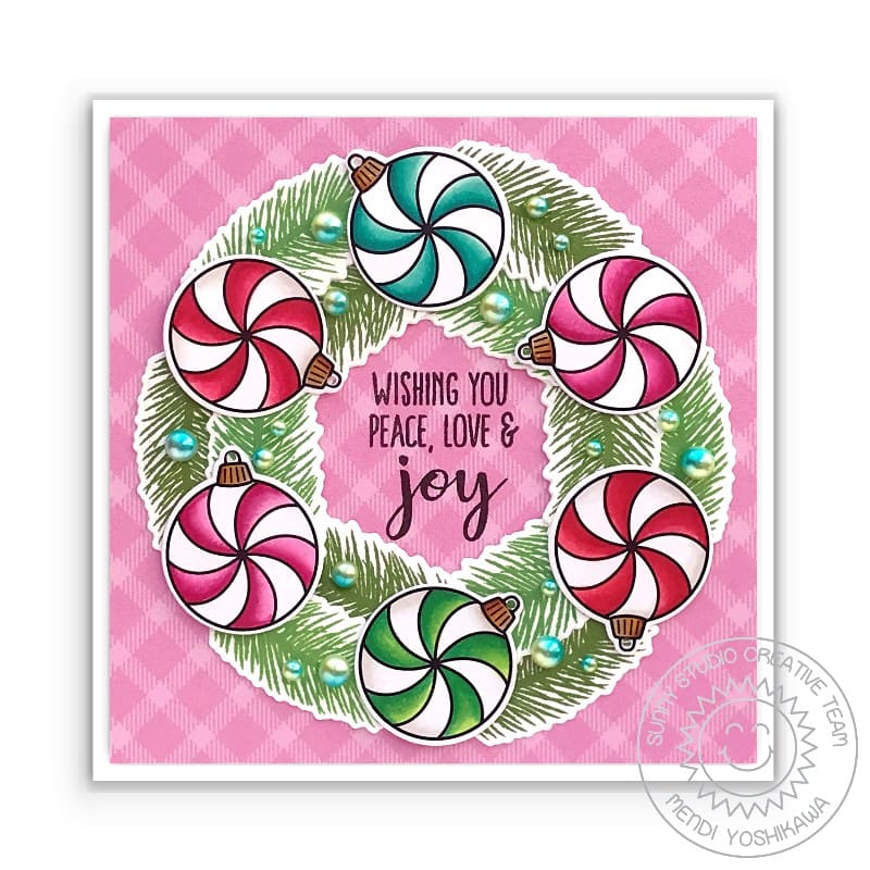 Sunny Studio Peppermint Candy Ornament Christmas Wreath Card (using Deck the Halls 4x6 Clear Photopolymer Stamps)