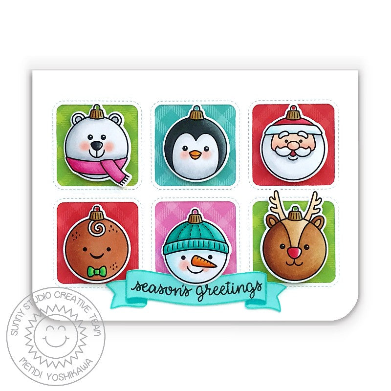 Sunny Studio Stamps Season's Greetings Critter Christmas Ornaments Grid Style Card (using All Is Bright 6x6 Paper)