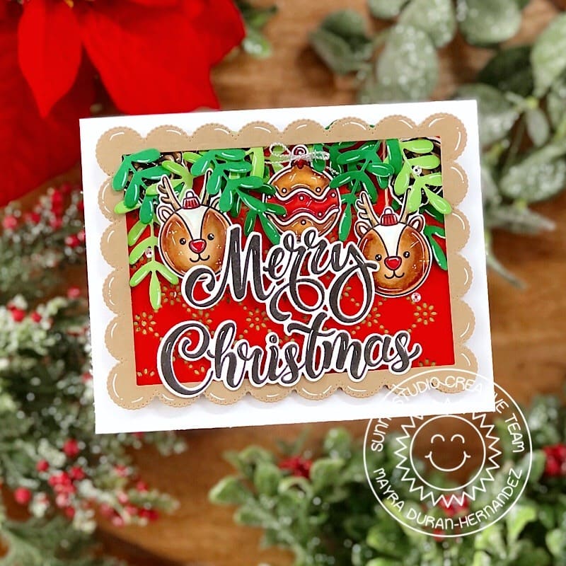 Sunny Studio Merry Christmas Reindeer Ornaments Holiday Card (using Deck the Halls 4x6 Clear Stamps)