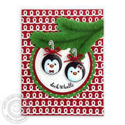 Sunny Studio Penguin Ornament Christmas Card with Red & White Loopy Background (using Deck The Halls 4x6 Clear Stamps)