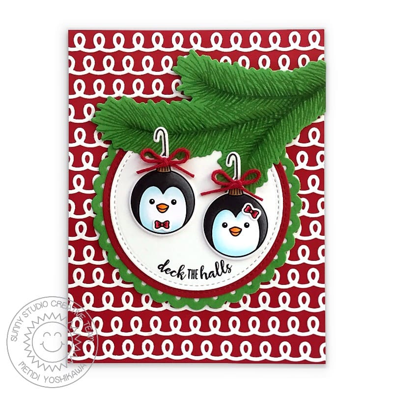 Sunny Studio Stamps Deck The Halls Penguin Ornament Christmas Card with Red & White Loopy Background using Icing Border Dies