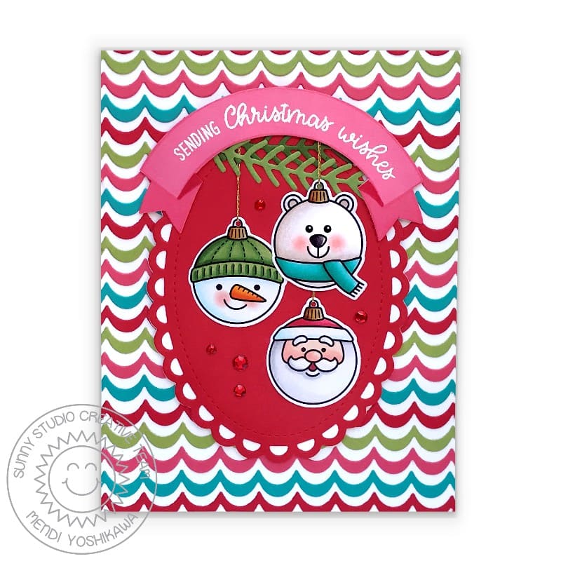 Sunny Studio Stamps Polar Bear, Snowman & Santa Claus Ornaments Christmas Card using Scalloped Oval Mat 3 Metal Cutting dies
