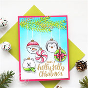 Sunny Studio Have A Holly Jolly Christmas Snowman, Penguin & Polar Bear Ornament Holiday Card (using Deck The Halls Clear Stamps)