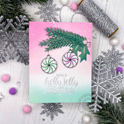 Sunny Studio Have a Holly Joy Christmas Pink Peppermint Holiday Ornament Card (using Deck The Halls 4x6 Clear Stamps)