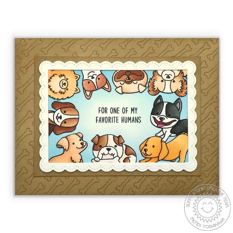 Sunny Studio Stamps: Party Pups "For My Favorite Human" Dog Peeking Around A Frame Card by Mendi Yoshikawa
