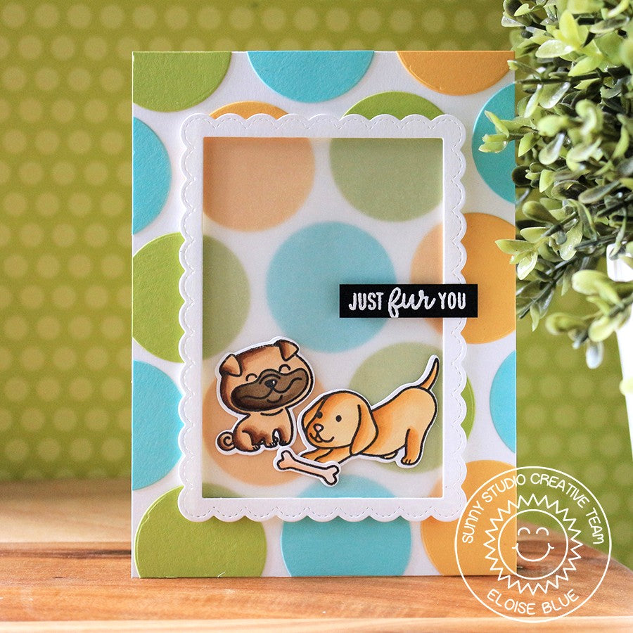 Sunny Studio Stamps Dog Card featuring a vellum frame using Fancy Frames Stitched Scalloped dies