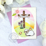 Sunny Studio Cross with Lily Flowers, Sheep & Baby Chick Religious Easter Card (using Frilly Frames Quatrefoil Background Dies)