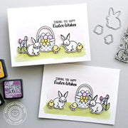 Sunny Studio Bunny Rabbits with Basket of Eggs, Tulips & Chicks Watercolor Spring Card (using Easter Wishes 4x6 Clear Stamps)