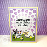 Sunny Studio Sheep, Bunny, Chicks & Tulips Purple Polka-dot Spring Card (using Easter Wishes 4x6 Clear Stamps)