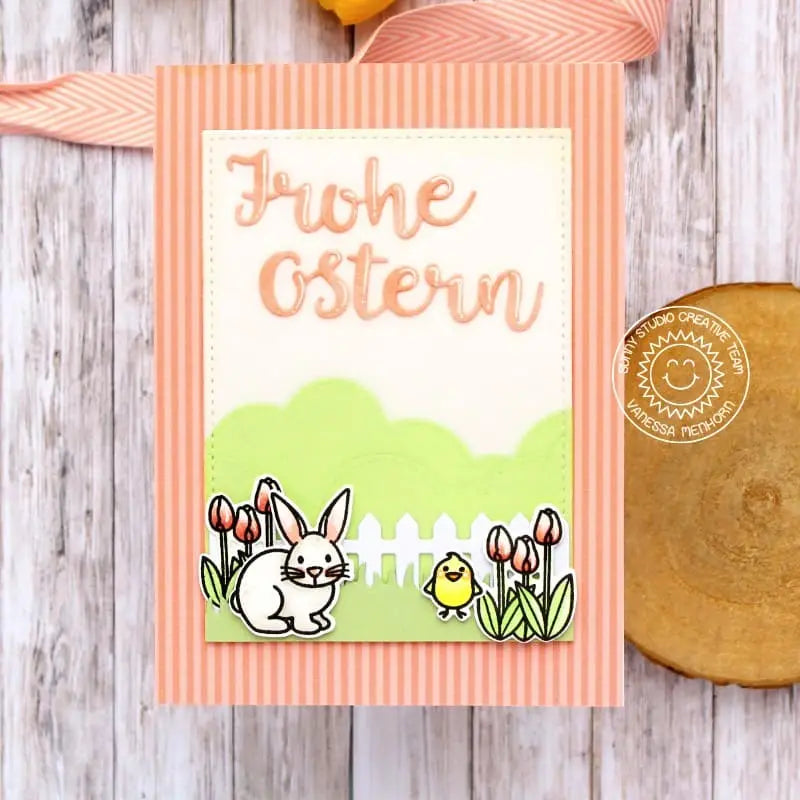 Sunny Studio Bunny Rabbit with Tulips, Chick & Fence German Spring Easter Card (using Easter Wishes 4x6 Clear Stamps)