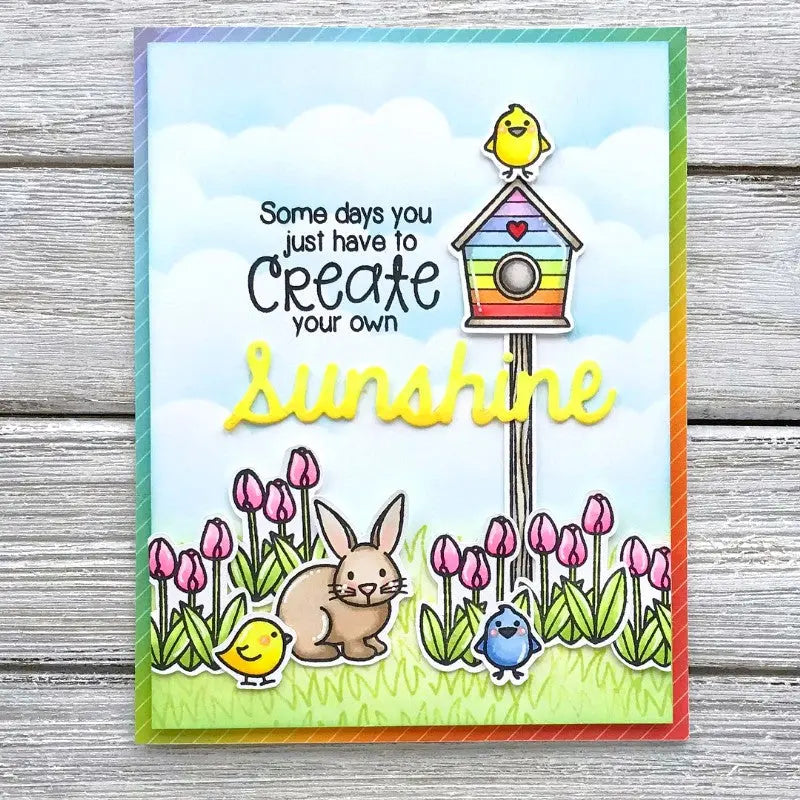 Sunny Studio Bunny with Birds and Rainbow Birdhouse with Tulip Border (using A Bird's Life 4x6 Clear Photopolymer Stamp Set)