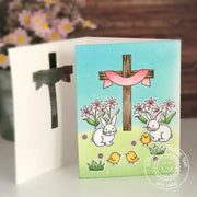 Sunny Studio Cross with Lilies Lily Flowers, Bunnies & Chicks Religious Easter Card by Amy Yang (using Easter Wishes Clear Stamps)