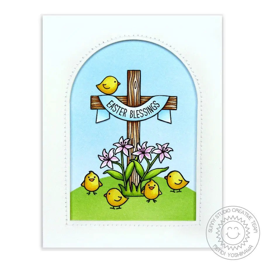 Sunny Studio Stamps Easter Wishes Cross with Lilies Arched Window Card