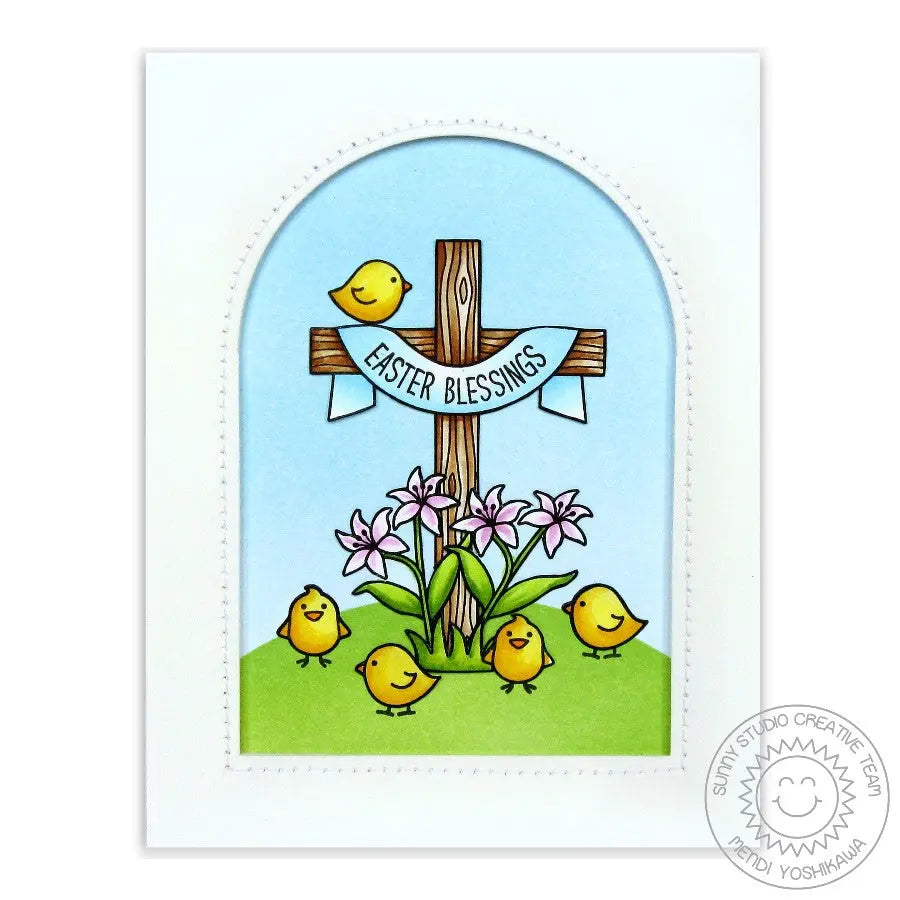 Sunny Studio Stamps Easter Greetings Card with arched window using Sunny Semi Circle dies