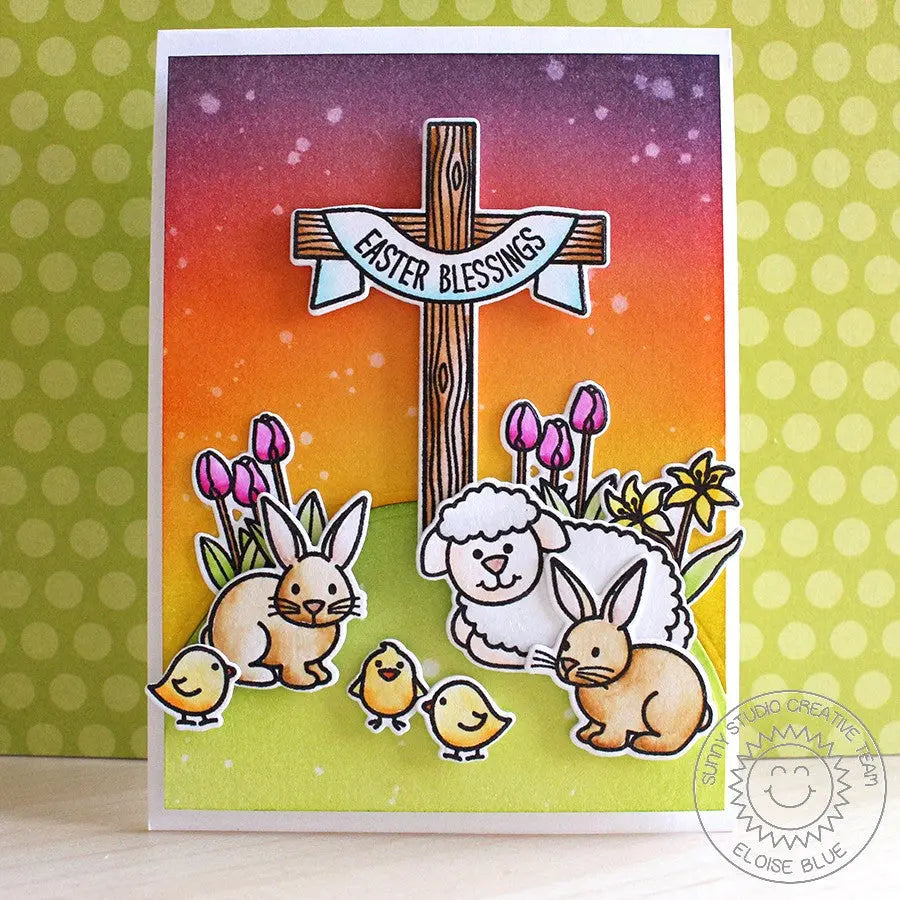 Sunny Studio Stamps Easter Wishes Cross with Tulips, Lilies, Sheep, Bunny Rabbits & Chicks Card