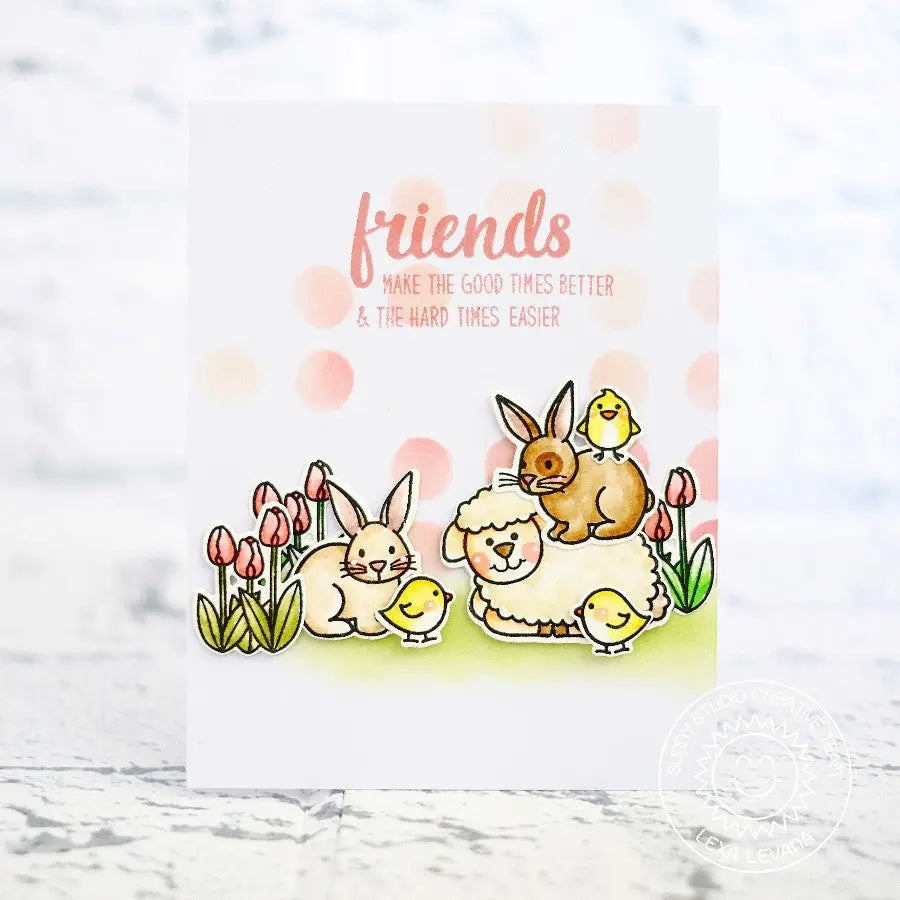 Sunny Studio Sheep, Bunny & Chicks Spring Easter Friends Card by Lexa Levana (using Easter Wishes 4x6 Clear Stamps)