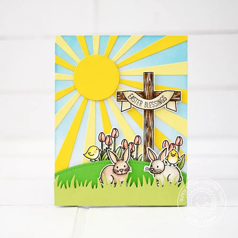 Sunny Studio Stamps Easter Wishes Cross with Tulips, Lilies, Bunny Rabbits & Chicks Sunrays Sunburst Card by Lexa Levana