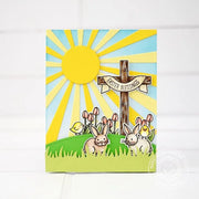 Sunny Studio Stamps Easter Blessings Cross with Bunnies, Chicks, Tulips & Sunburst Card using Sun Ray Metal Cutting Dies