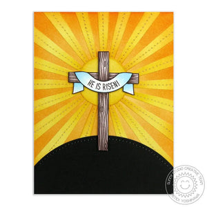Sunny Studio Stamps Re Is Risen Sunburst with Cross Easter Card using Sun Ray Metal Cutting Dies