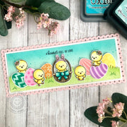 Sunny Studio A Basket Full of Love Easter Chicks with Easter Basket & Eggs Slimline Card using Chickie Baby 4x6 Clear Stamps