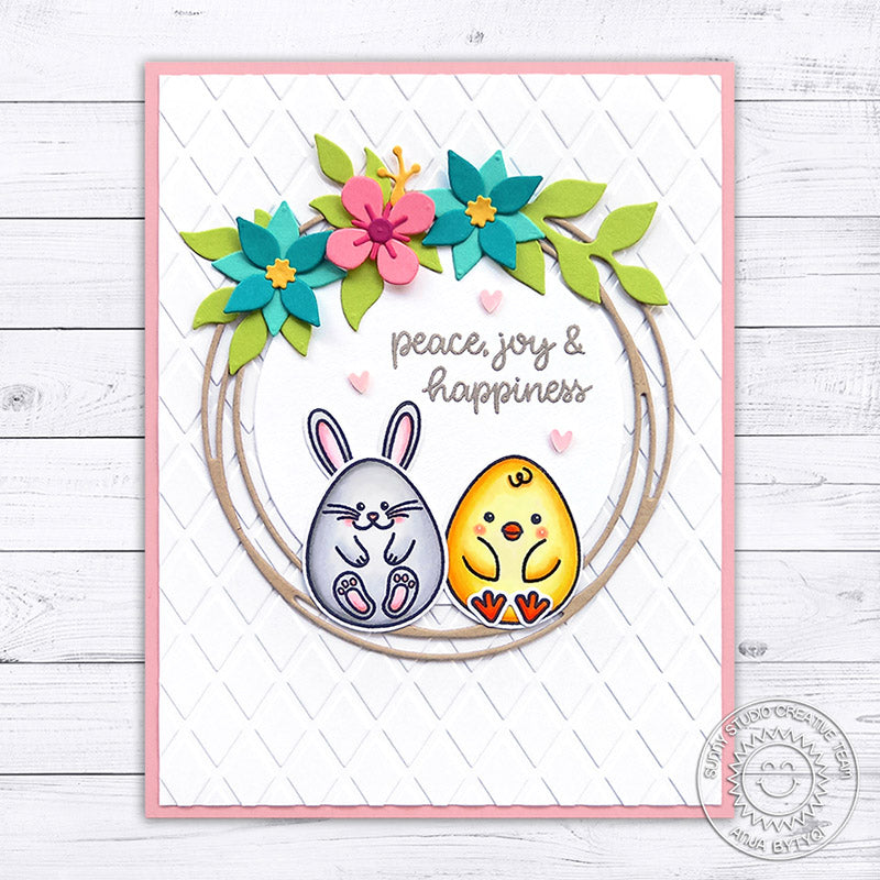 Sunny Studio Peace, Joy & Happiness Bunny & Chick Egg sitting in Spring Wreath Easter Card (using Eggs To Dye For 4x6 Clear Stamps)