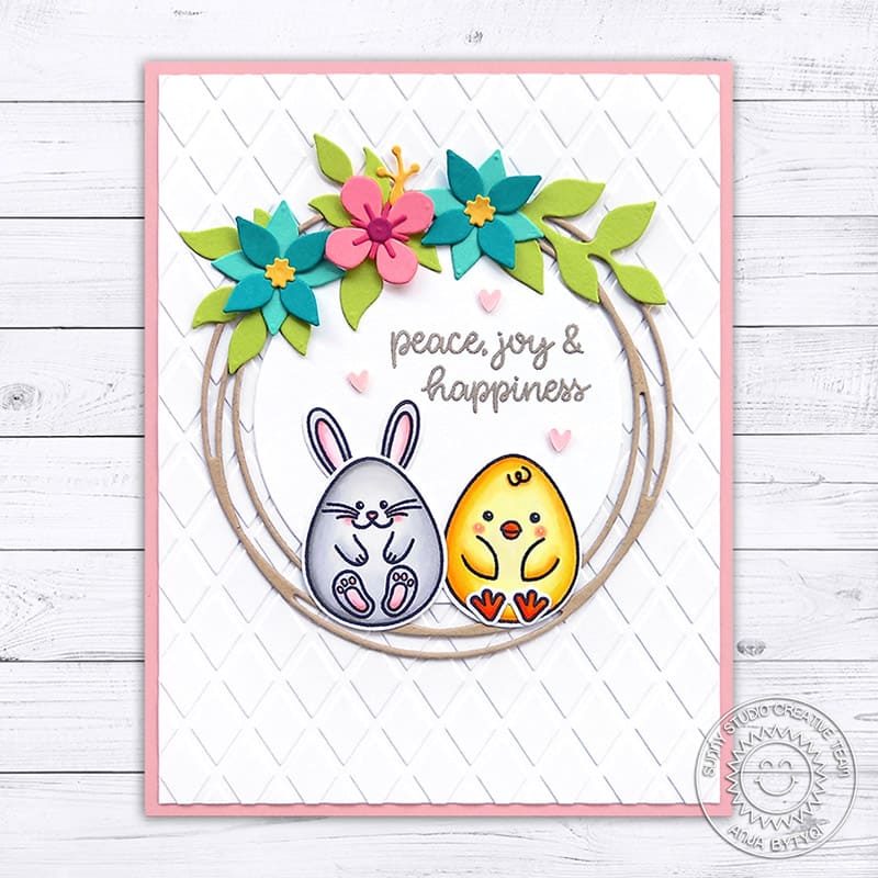 Sunny Studio Stamps Peace, Joy & Happiness Spring Floral Wreath with Chick & Bunny Easter Eggs Embossed Card (using Dapper Diamonds 6x6 Embossing Folder)
