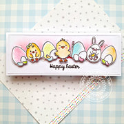 Sunny Studio Chicks & Bunnies with Eggs Handmade Happy Easter Slimline Card (using Layered Layering Eggs To Dye For 4x6 Clear Stamps)