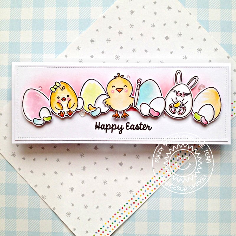 Sunny Studio Chicks & Bunnies with Eggs Handmade Happy Easter Slimline Card (using Layered Layering Eggs To Dye For 4x6 Clear Stamps)