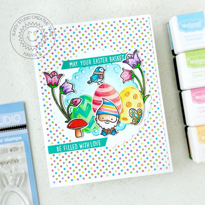 Sunny Studio Stamps May Your Easter Basket Be Filled With Love Gnome & Eggs Card using Scalloped Circle Mat 1 Cutting Dies