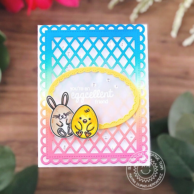 Sunny Studio You're an Eggcellent Friend Bunny & Chick Easter Eggs Card (using Eggs To Dye For 4x6 Clear Stamps)