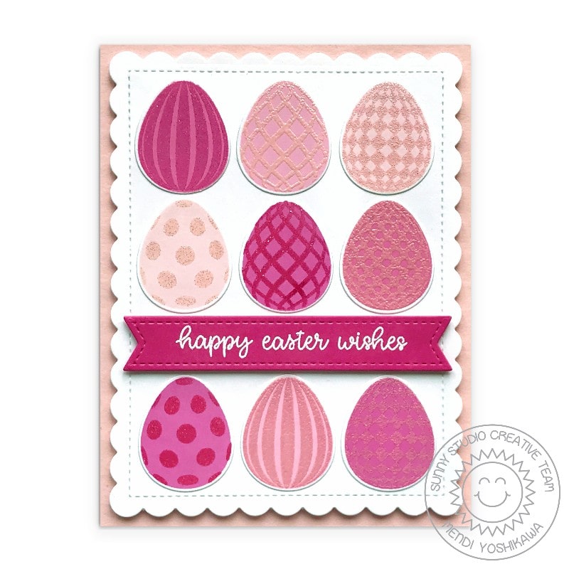 Sunny Studio Hot Pink & Pale Pink Glitter Embossed Easter Eggs Grid Style Scalloped Card (using Eggs To Dye For 4x6 Clear Stamps)