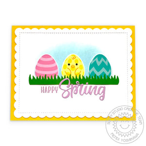 Sunny Studio Stamps Trio of Easter Eggs in Grass handmade card (using Spring Word from Layered Basket Metal Cutting Dies)