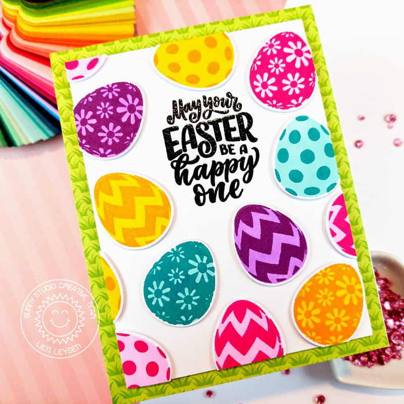 Sunny Studio Colorful Graphic Clean & Simple CAS Easter Card (using Eggs To Dye For 4x6 Clear Photopolymer Stamps)