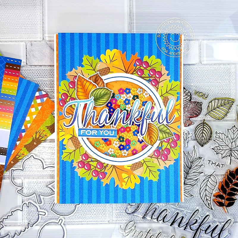Sunny Studio Stamps Elegant Leaves Thankful For You Fall Leaf Shaker Card (using Colorful Autumn 6x6 Patterned Paper)