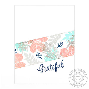 Sunny Studio Stamps Elegant Leaves Grateful For You Graphic Clean & Simple CAS Coral, Aqua & Silver Embossed Fall Card