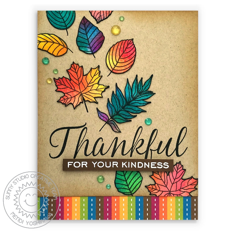 Sunny Studio Stamps Thankful For Your Kindness Rainbow Fall Leaves Card (using Colorful Autumn 6x6 Striped Paper)