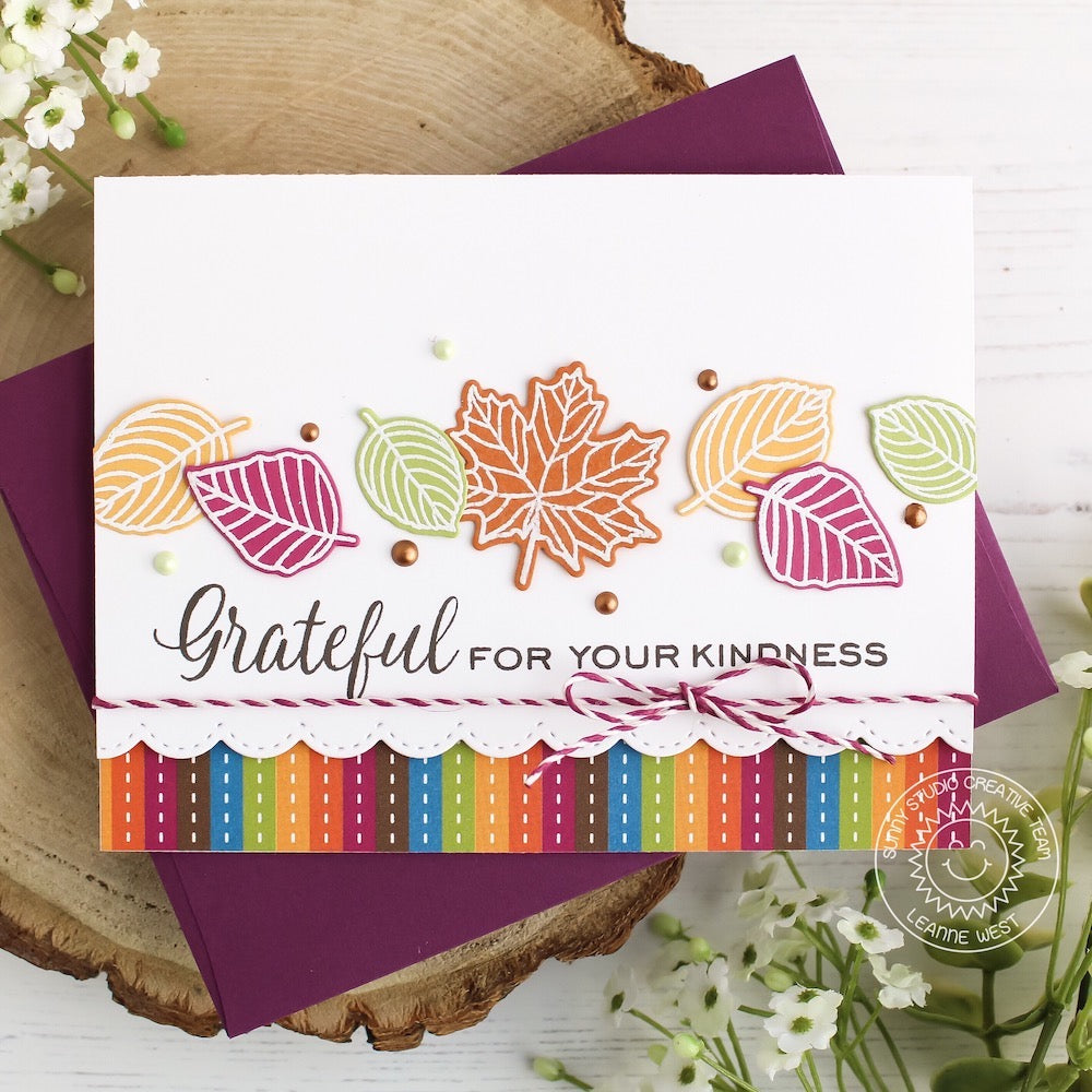 Sunny Studio Stamps Elegant Leaves Grateful For Your Kindness Rainbow Striped Fall Handmade Card by Leanne West