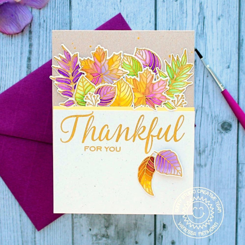 Sunny Studio stamps Elegant Leaves Thankful For You Gold Embossed Watercolor Fall Card by Vanessa Menhorn