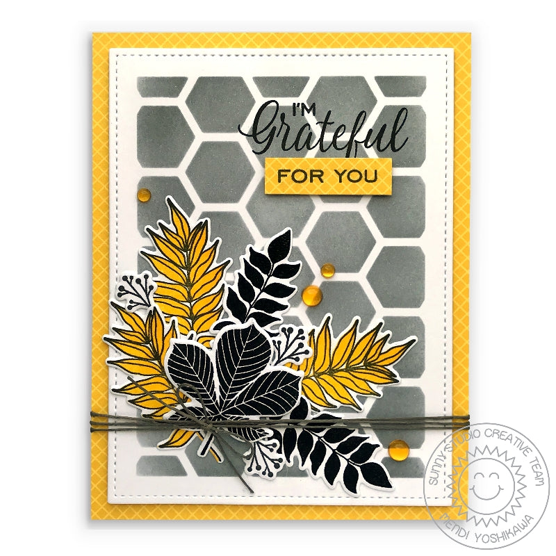 Sunny Studio Stamps Grateful For You Yellow, Grey & Black Leaf Bouquet Card (using the Frilly Frames Hexagon Dies as stencil)