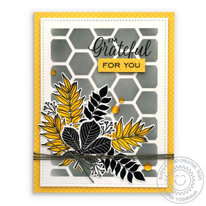 Sunny Studio Stamps Grateful For You Yellow, Grey & Black Leaf Bouquet Card (using the Frilly Frames Hexagon Dies as stencil)