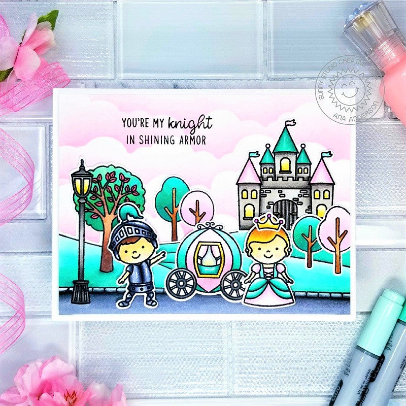 Sunny Studio Aqua Fairytale Princess Castle with Carriage You're My Knight In Shining Armor Card using Enchanted Clear Stamps
