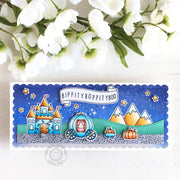 Sunny Studio Bippity Boppity Boo Cinderella Scalloped Slimline Princess Fairytale Card using Banner Basics 4x6 Clear Stamps