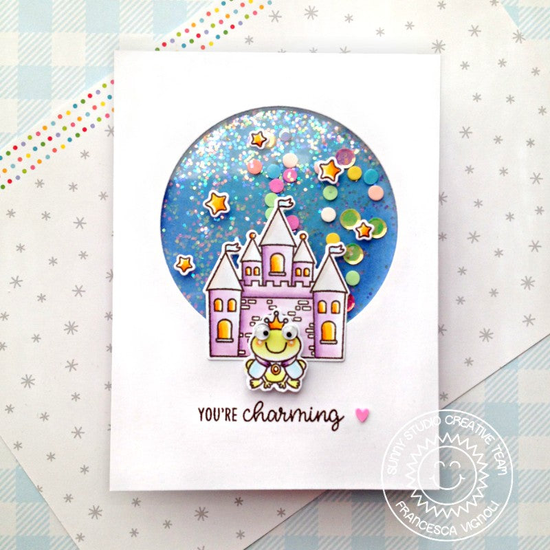 Sunny Studio Fairytale Princess Castle and the Frog Handmade Shaker Card using Enchanted 4x6 Clear Photopolymer Stamps