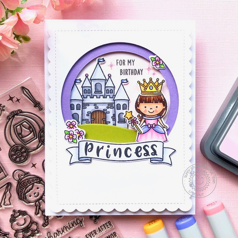 Sunny Studio Fairytale Castle For My Birthday Princess Handmade Stitched Scalloped Card using Enchanted 4x6 Clear Stamps